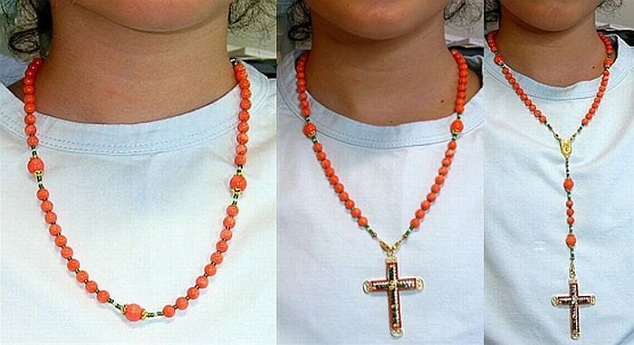 Wearable Catholic Rosary Salmon Coral Vermeil Micro Mosaic Cross - Exquisite - Rare
