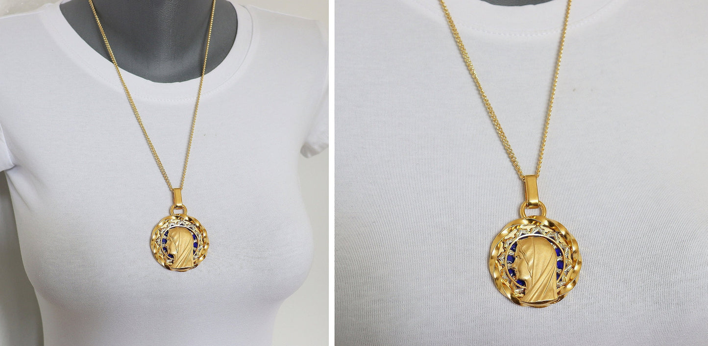 Virgin Mary Plique-à-Jour Vintage Gold Plated V. Large Pendant w Chain by Augis