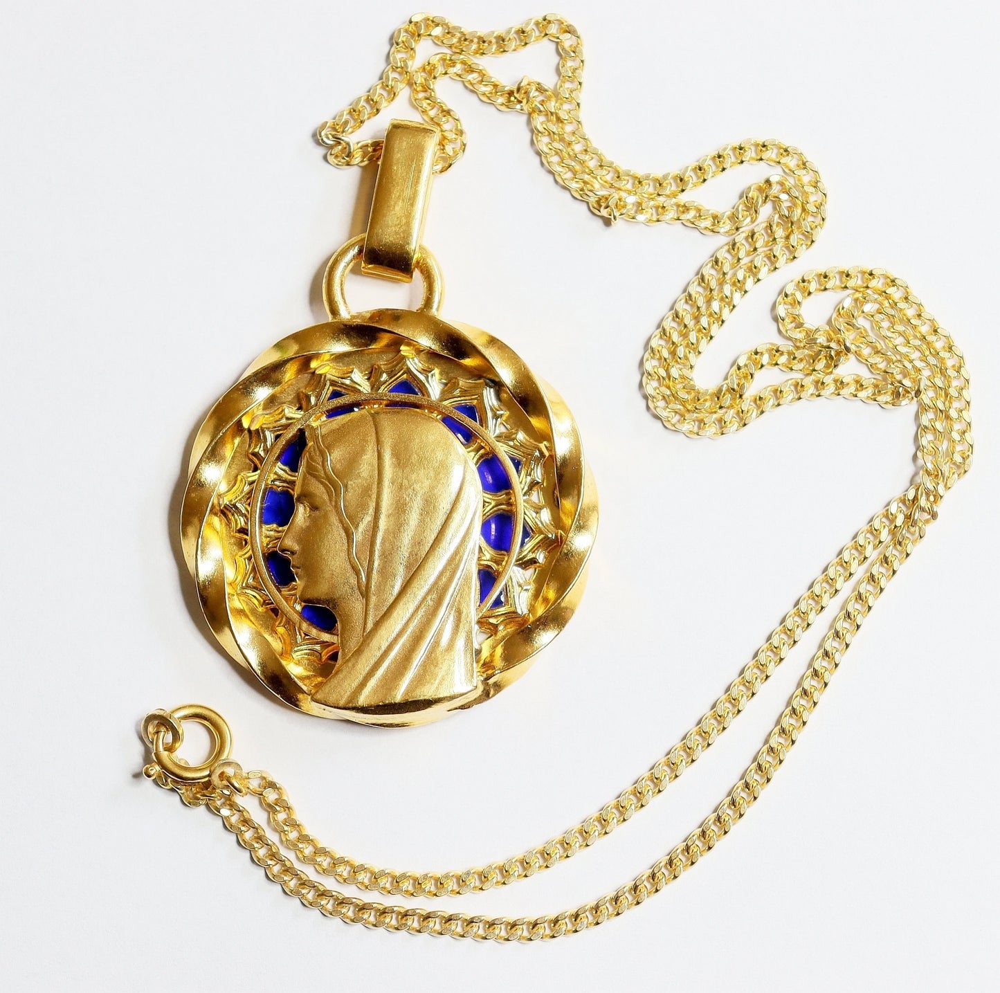 Virgin Mary Plique-à-Jour Vintage Gold Plated V. Large Pendant w Chain by Augis