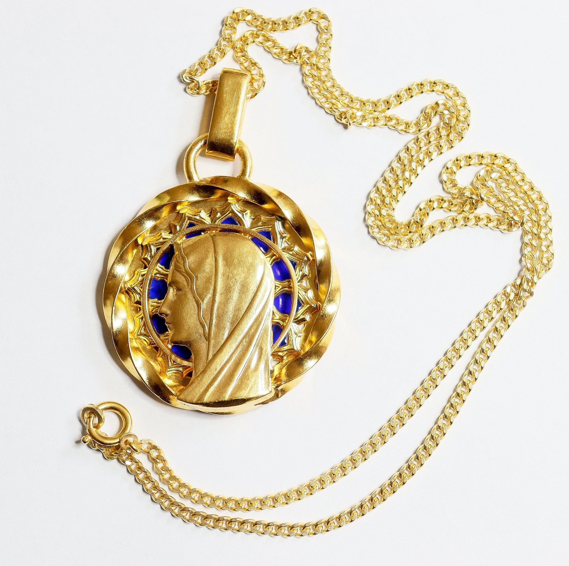 Virgin Mary Plique-à-Jour Vintage Gold Plated V. Large Pendant w Chain by Augis