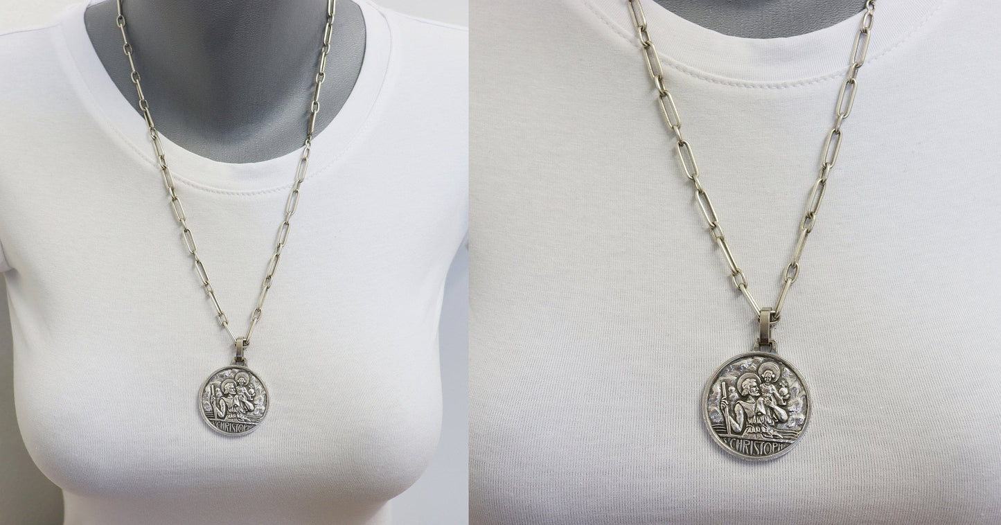 St Christopher Large Sterling French Medal w Original Design Sterling Chain 1930's