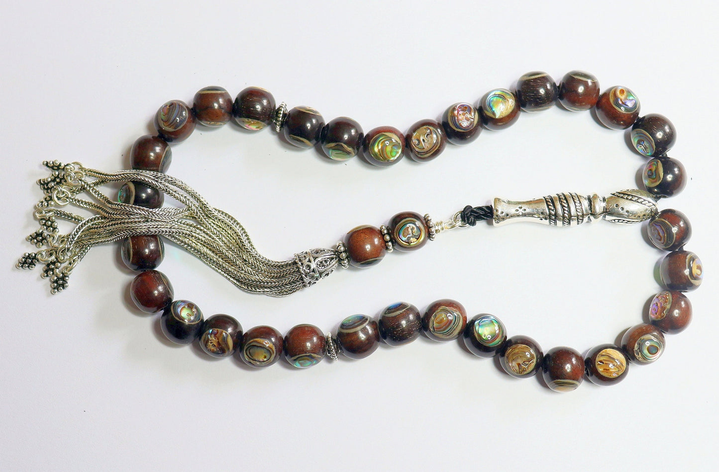 Tesbih Prayer Worry Beads Ebony Inlaid with Paua Shell - Sterling Silver - Unique Collector's XXR