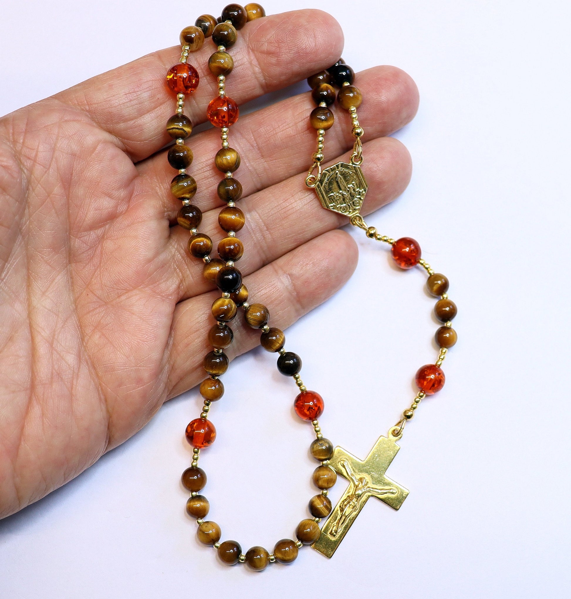 Our Lady of Fatima Catholic Rosary Prayer Beads - Tiger Eye, Vermeil and Amber