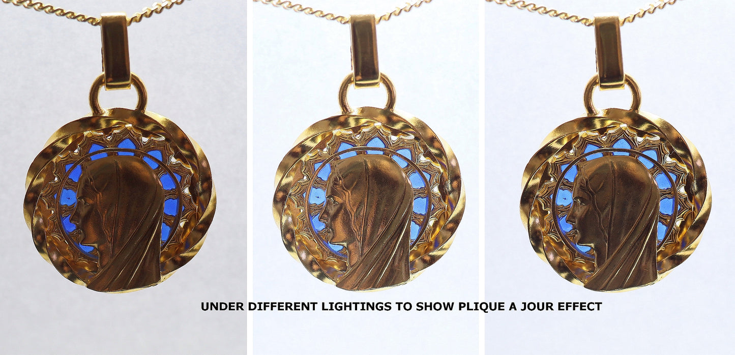 Virgin Mary Plique-à-Jour Vintage Gold Plated V. Large Pendant w Chain by Augis