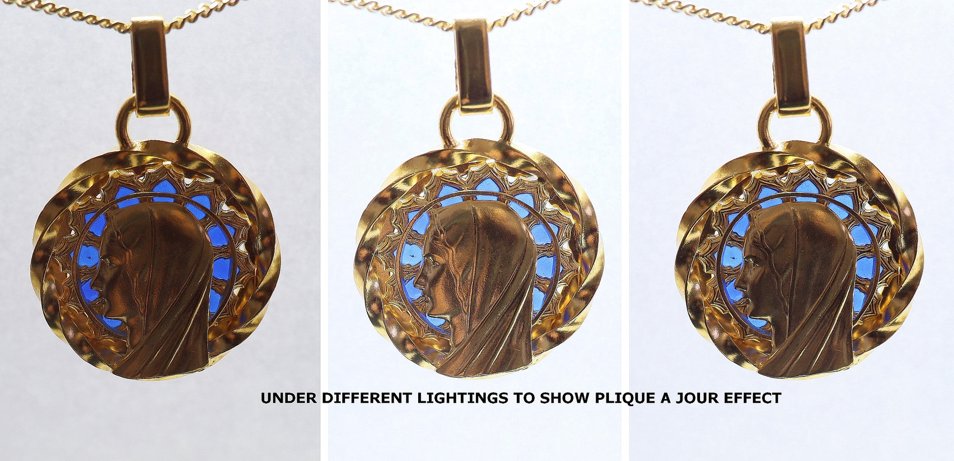 Virgin Mary Plique-à-Jour Vintage Gold Plated V. Large Pendant w Chain by Augis