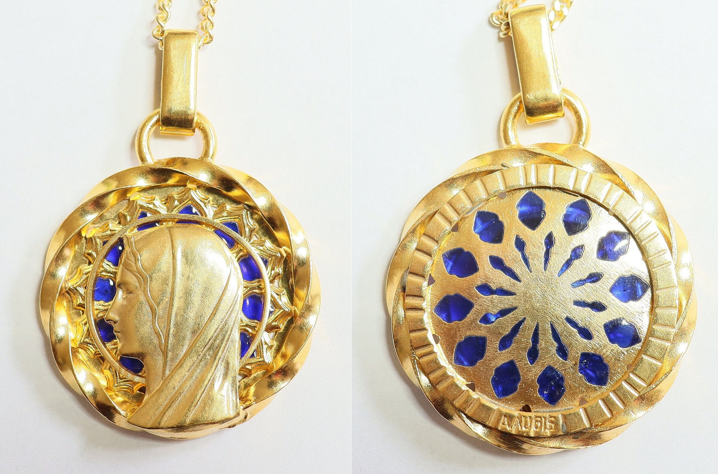 Virgin Mary Plique-à-Jour Vintage Gold Plated V. Large Pendant w Chain by Augis