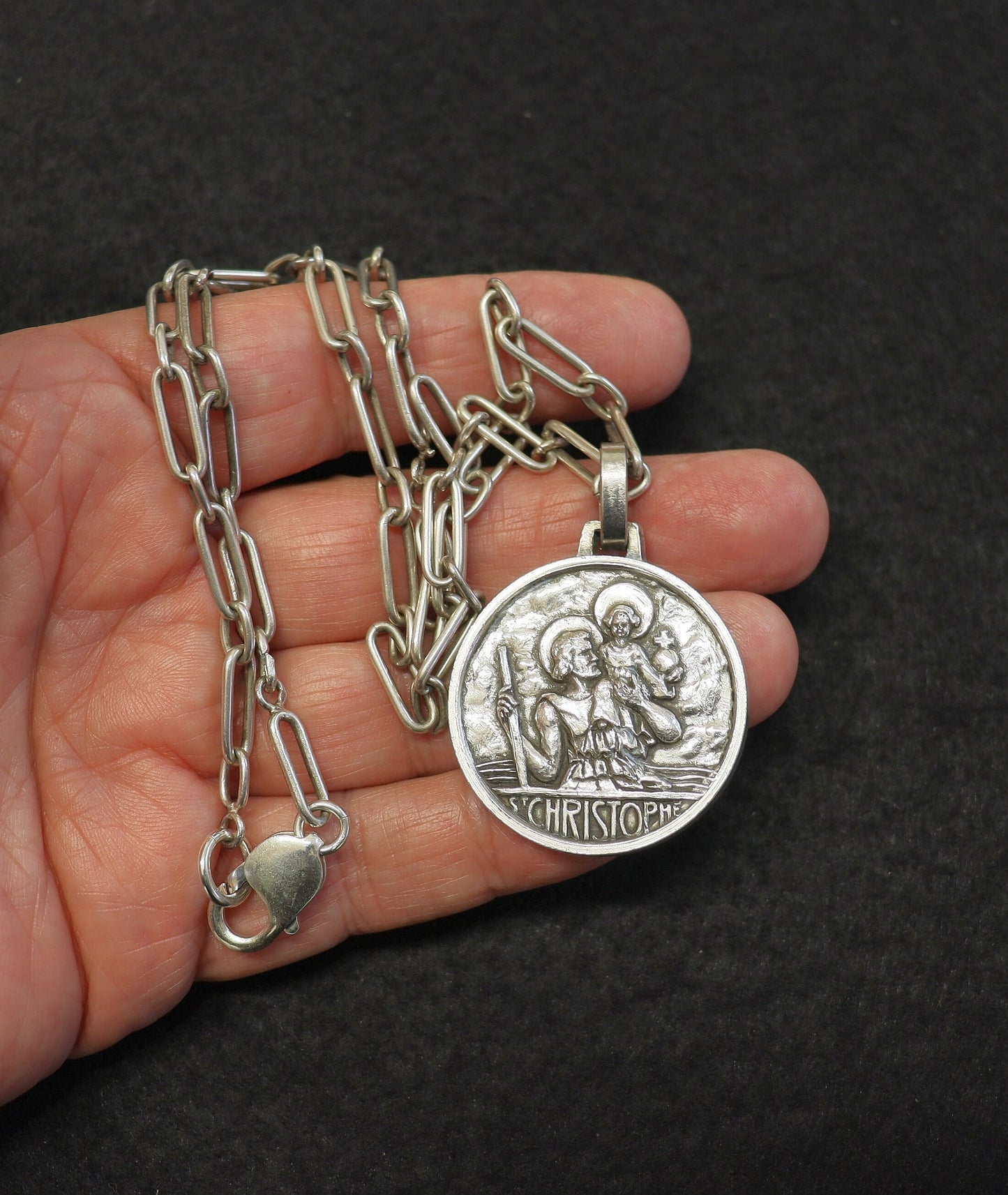 St Christopher Large Sterling French Medal w Original Design Sterling Chain 1930's