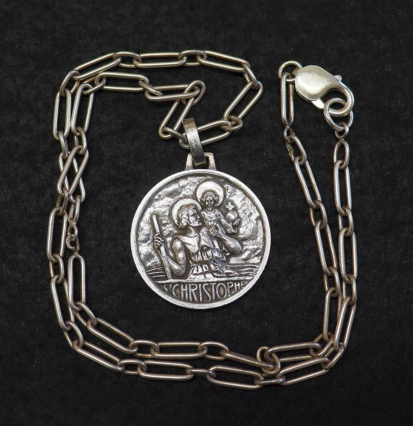 St Christopher Large Sterling French Medal w Original Design Sterling Chain 1930's