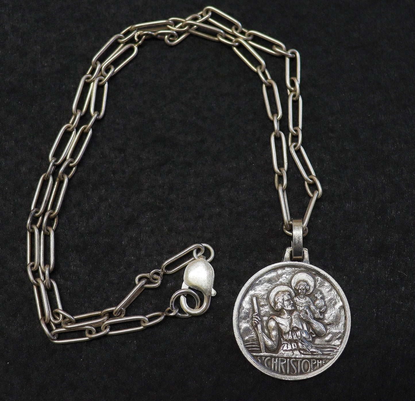 St Christopher Large Sterling French Medal w Original Design Sterling Chain 1930's