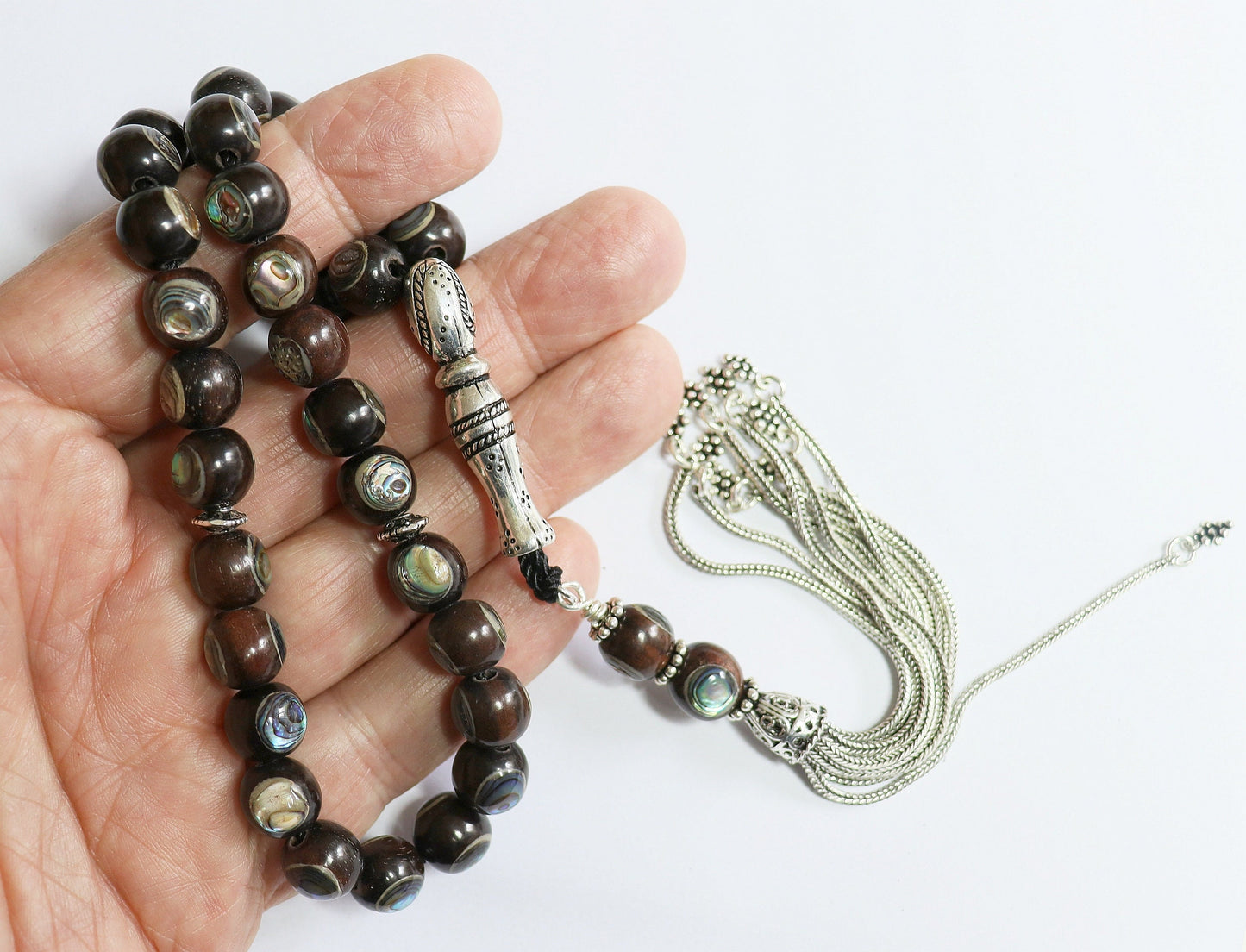 Tesbih Prayer Worry Beads Ebony Inlaid with Paua Shell - Sterling Silver - Unique Collector's XXR