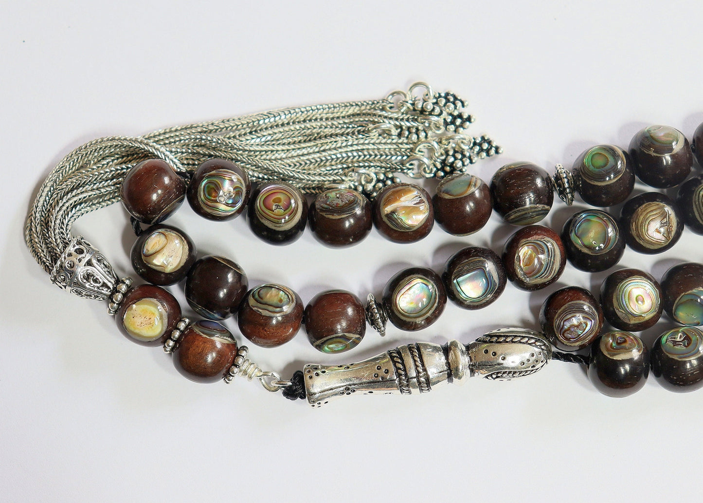 Tesbih Prayer Worry Beads Ebony Inlaid with Paua Shell - Sterling Silver - Unique Collector's XXR