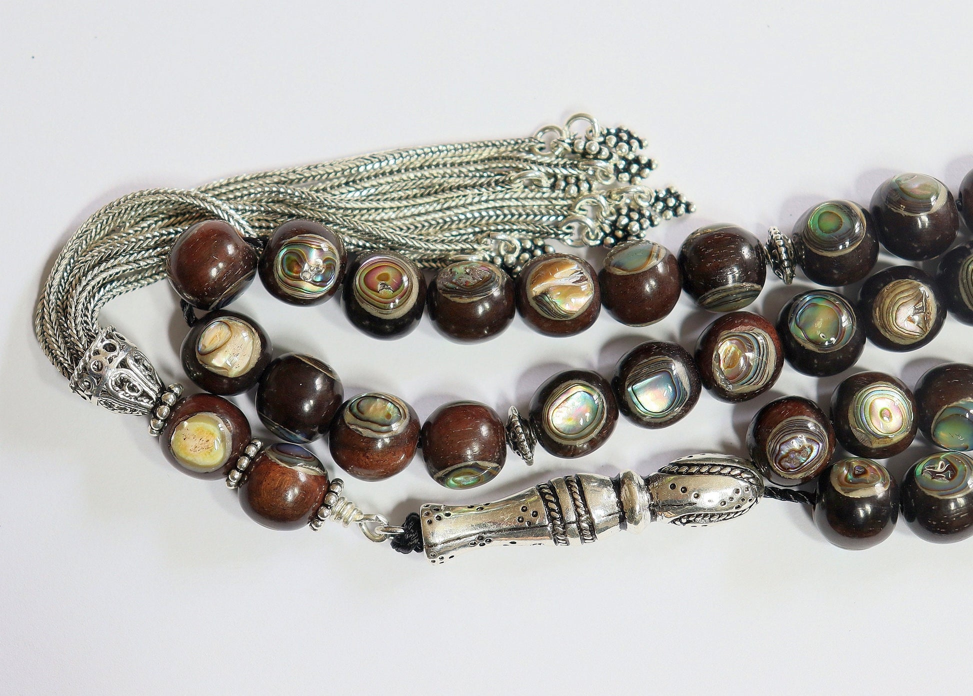 Tesbih Prayer Worry Beads Ebony Inlaid with Paua Shell - Sterling Silver - Unique Collector's XXR