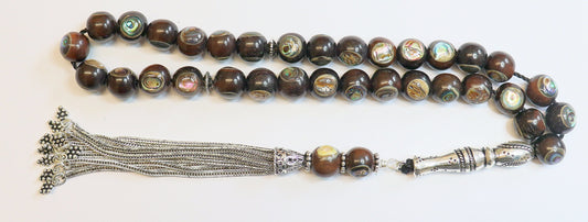 Tesbih Prayer Worry Beads Ebony Inlaid with Paua Shell - Sterling Silver - Unique Collector's XXR