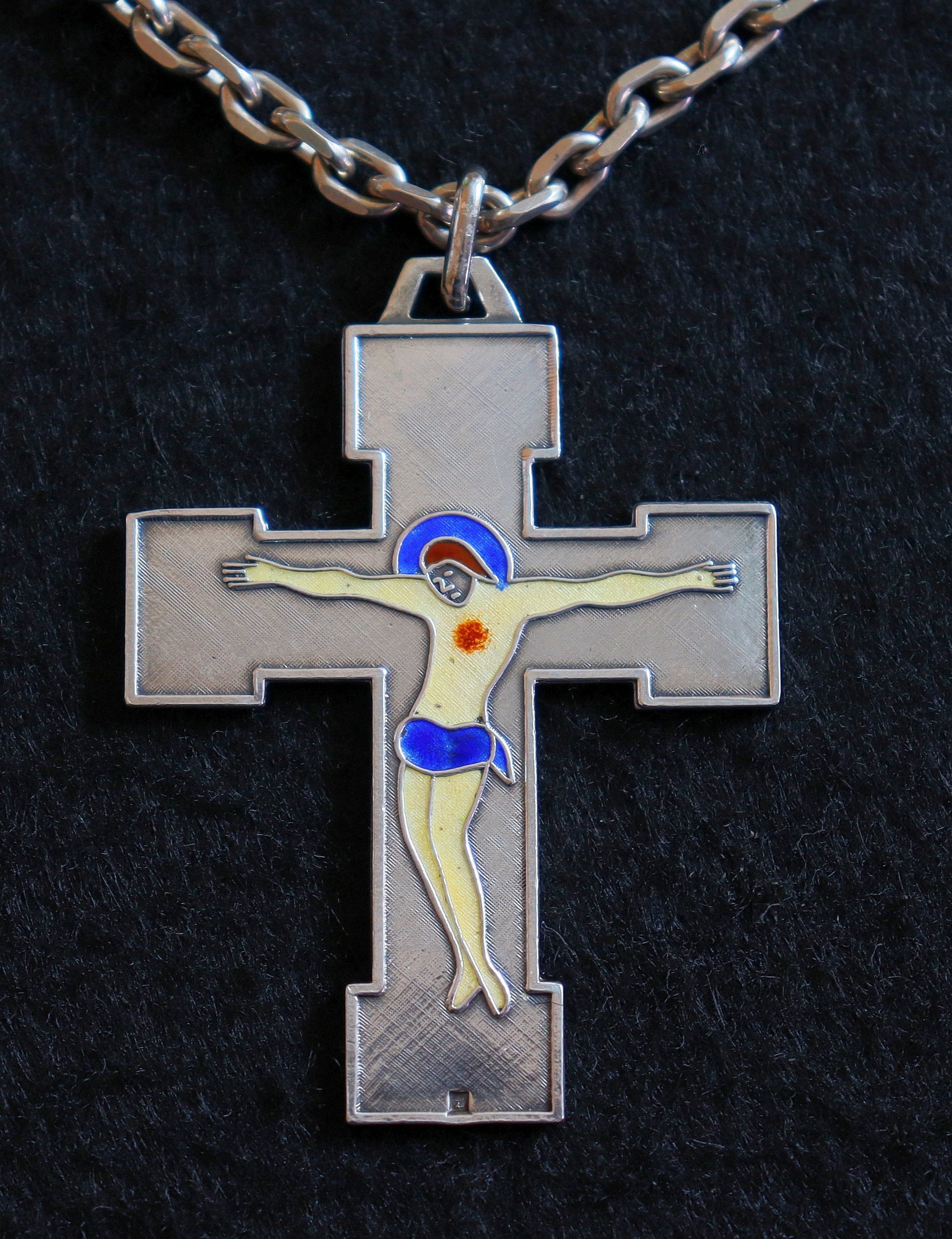 1950's Sterling and Enamel Cross Medal, Pendant w Sterling Chain - Unique