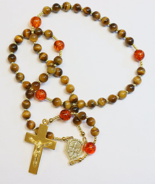 Our Lady of Fatima Catholic Rosary Prayer Beads - Tiger Eye, Vermeil and Amber