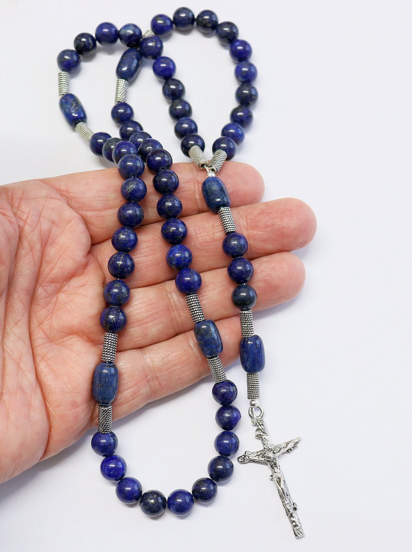 Catholic Rosary Prayer Beads Lapis Lazuli and Heavy Sterling Silver