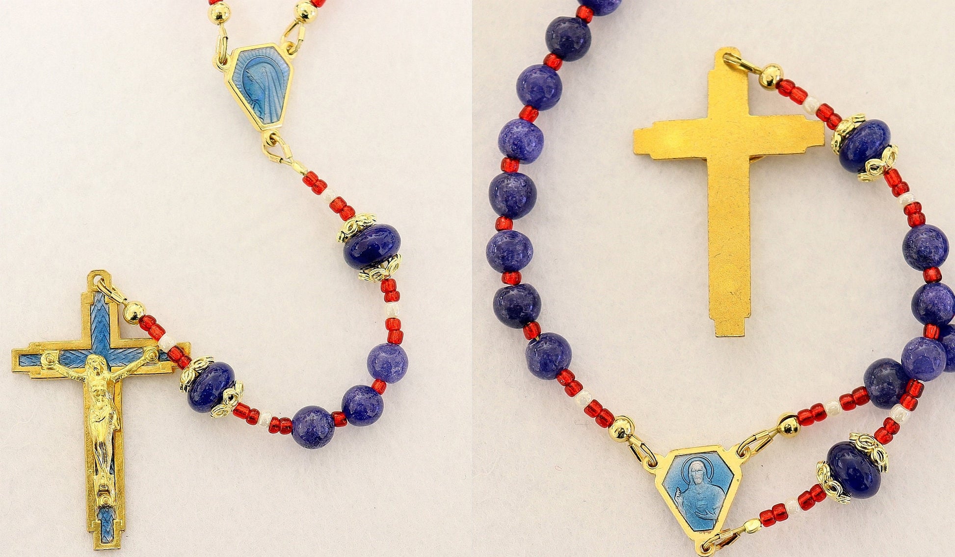 Catholic Rosary Genuine Round Clear Sapphire - Vintage Enameled Cross and Center
