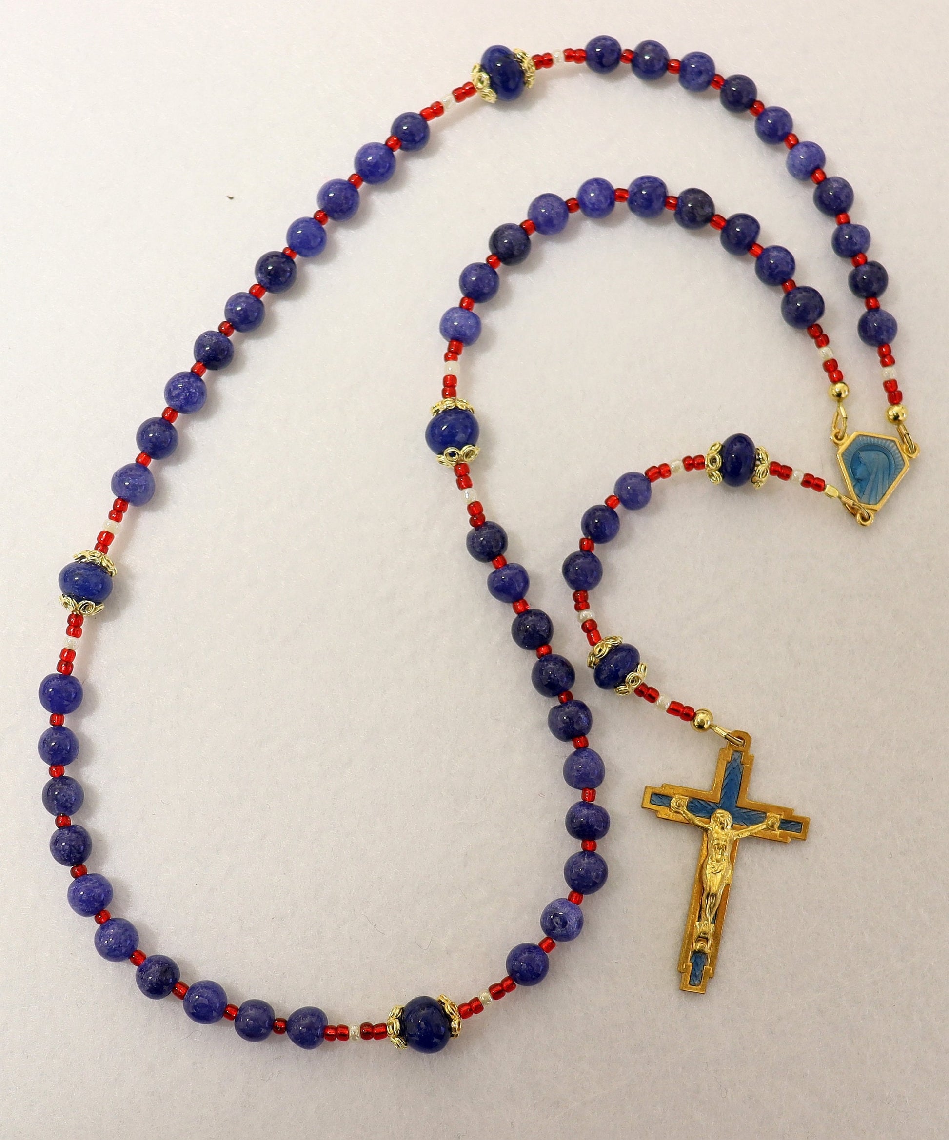 Catholic Rosary Genuine Round Clear Sapphire - Vintage Enameled Cross and Center