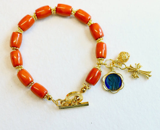 Catholic Rosary Bracelet Barrel Salmon Sardinian Coral & Vermeil- Rare Item