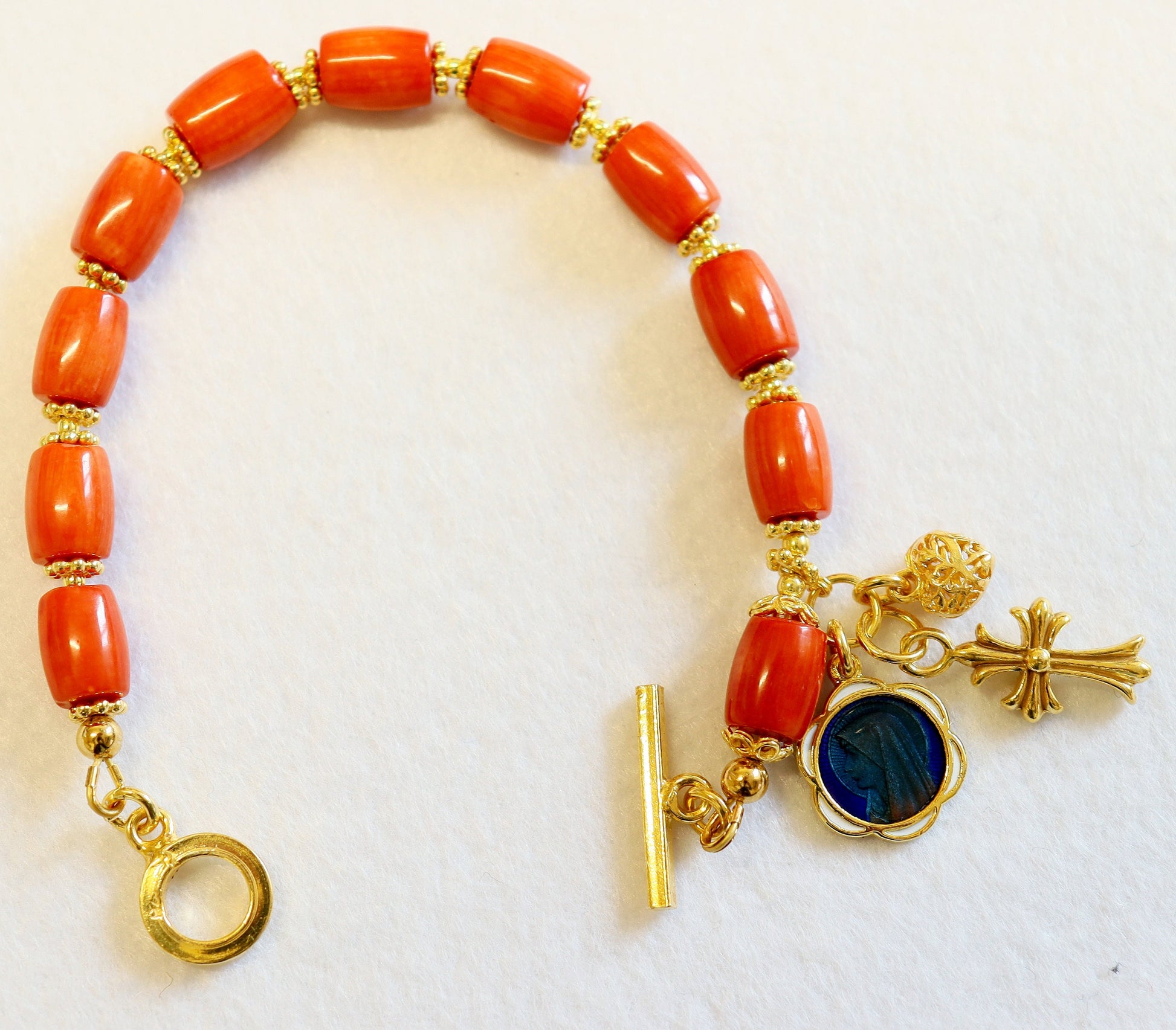 Catholic Rosary Bracelet Barrel Salmon Sardinian Coral & Vermeil- Rare Item