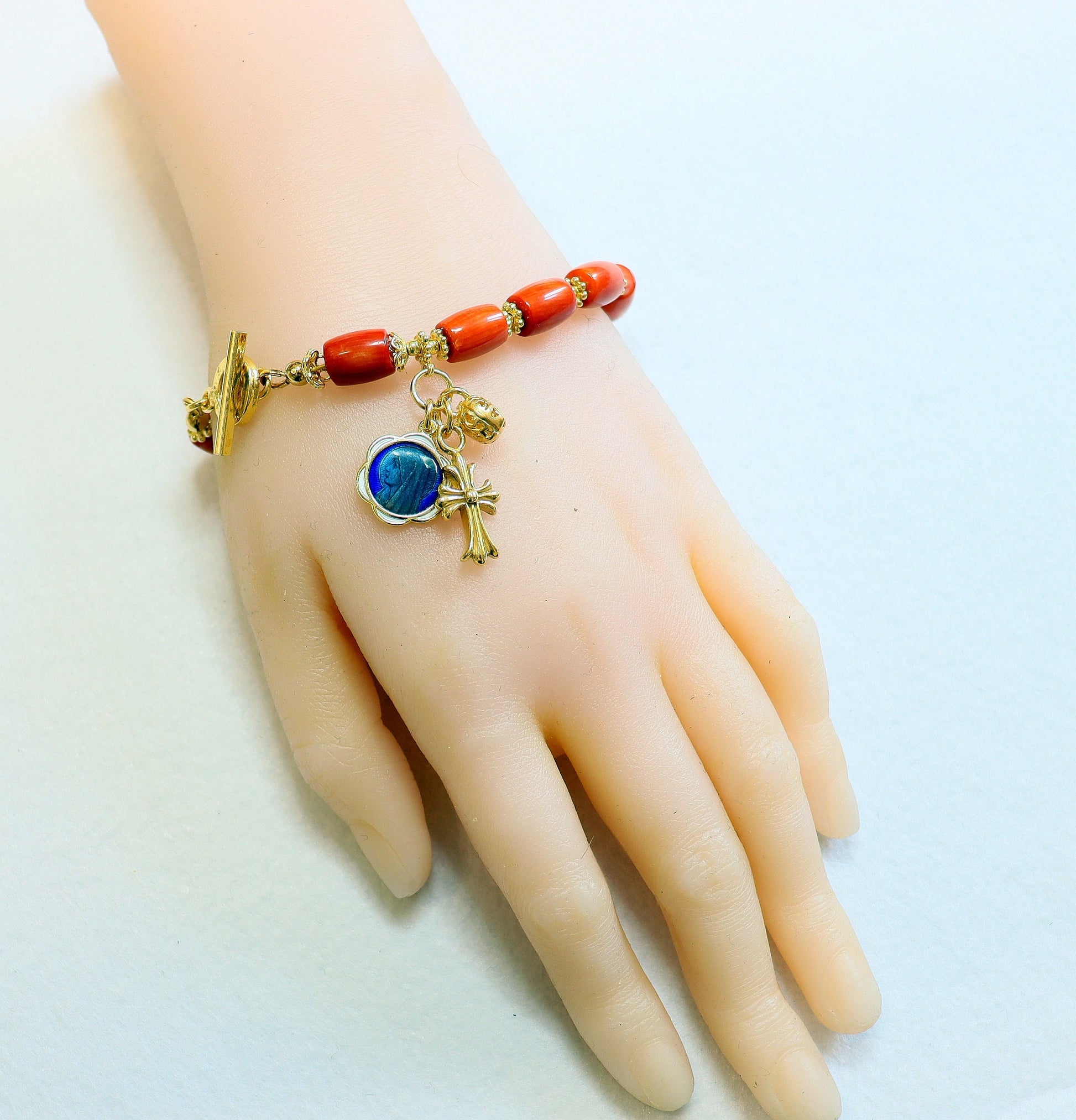 Catholic Rosary Bracelet Barrel Salmon Sardinian Coral & Vermeil- Rare Item