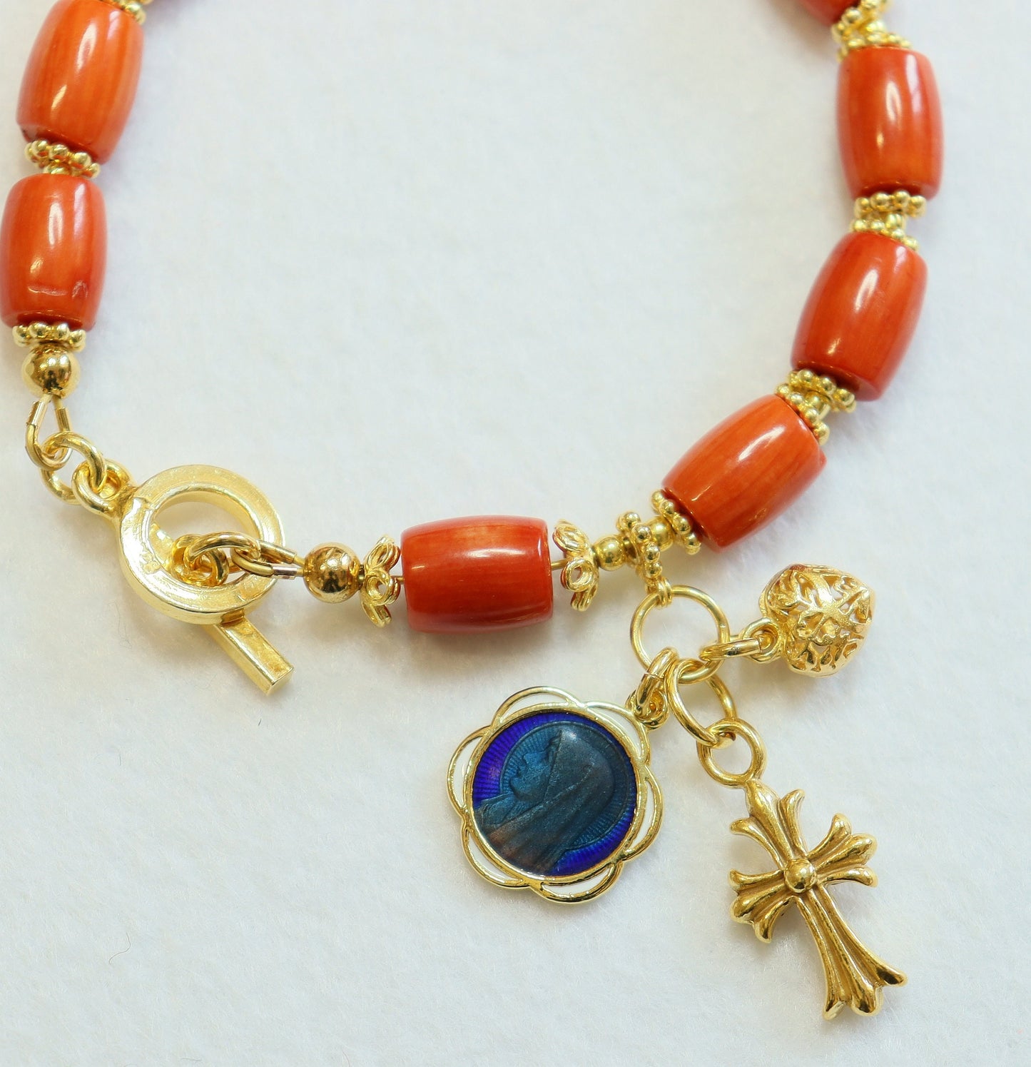 Catholic Rosary Bracelet Barrel Salmon Sardinian Coral & Vermeil- Rare Item