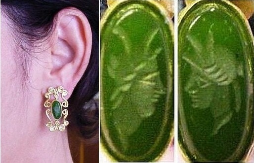 Roman Queen Gold and Jade Intaglio Vintage Earrings by The Swan Collection