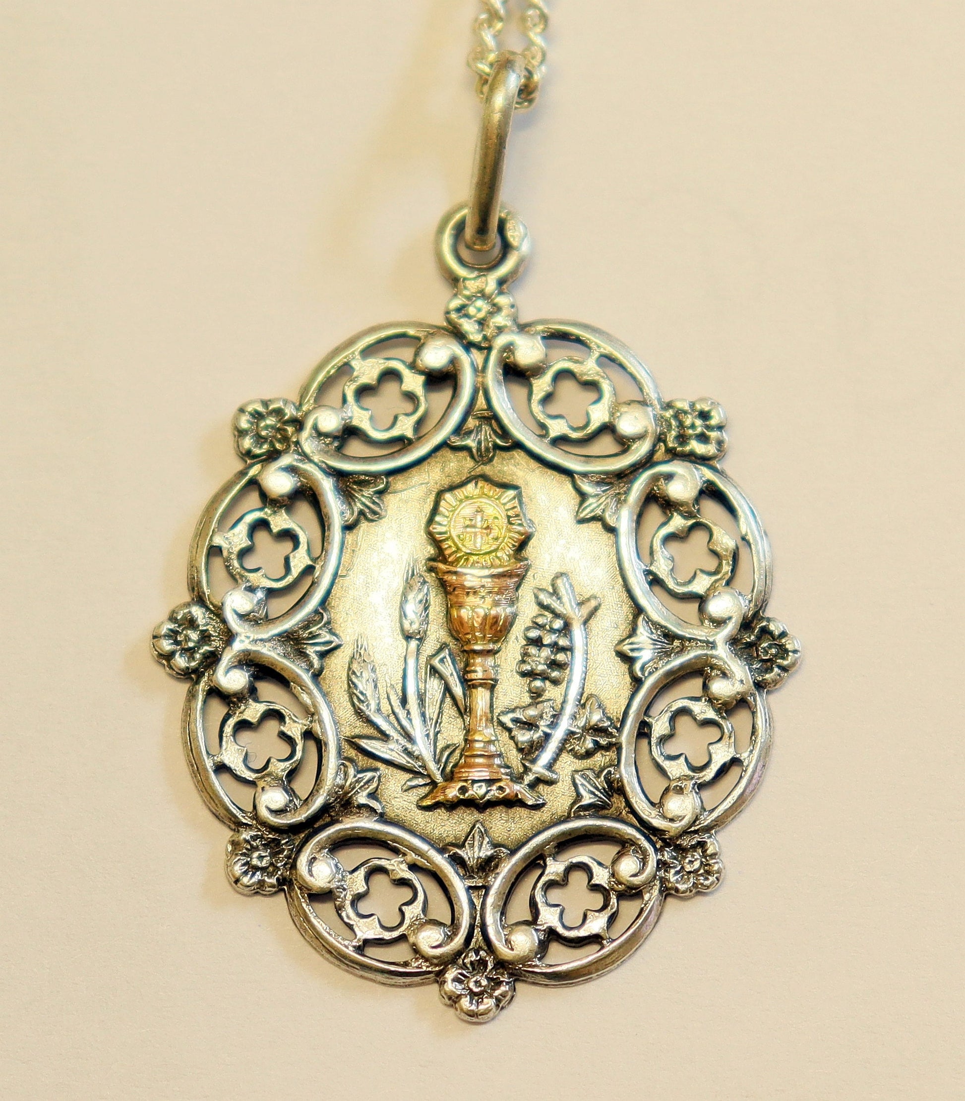 Rare Art Nouveau Sterling Silver and Gold Chalice First Communion Medal and Chain ca. 1900