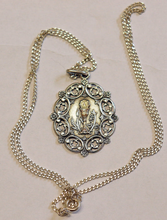 Rare Art Nouveau Sterling Silver and Gold Chalice First Communion Medal and Chain ca. 1900