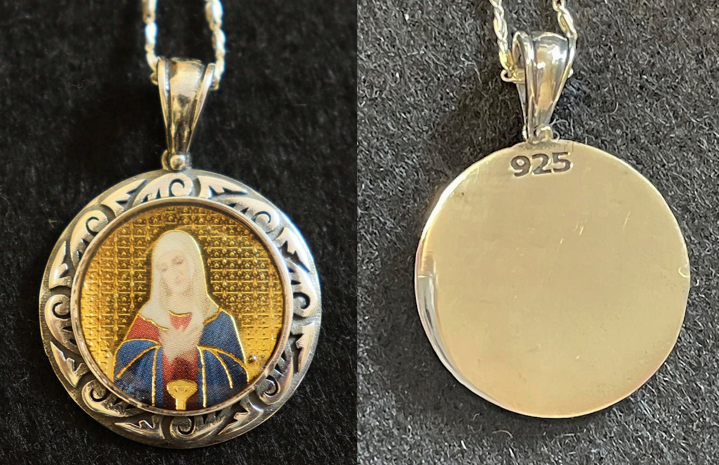 Virgin Mary All Sterling Medal Fine Enameled Serigraphy w Hand Painting