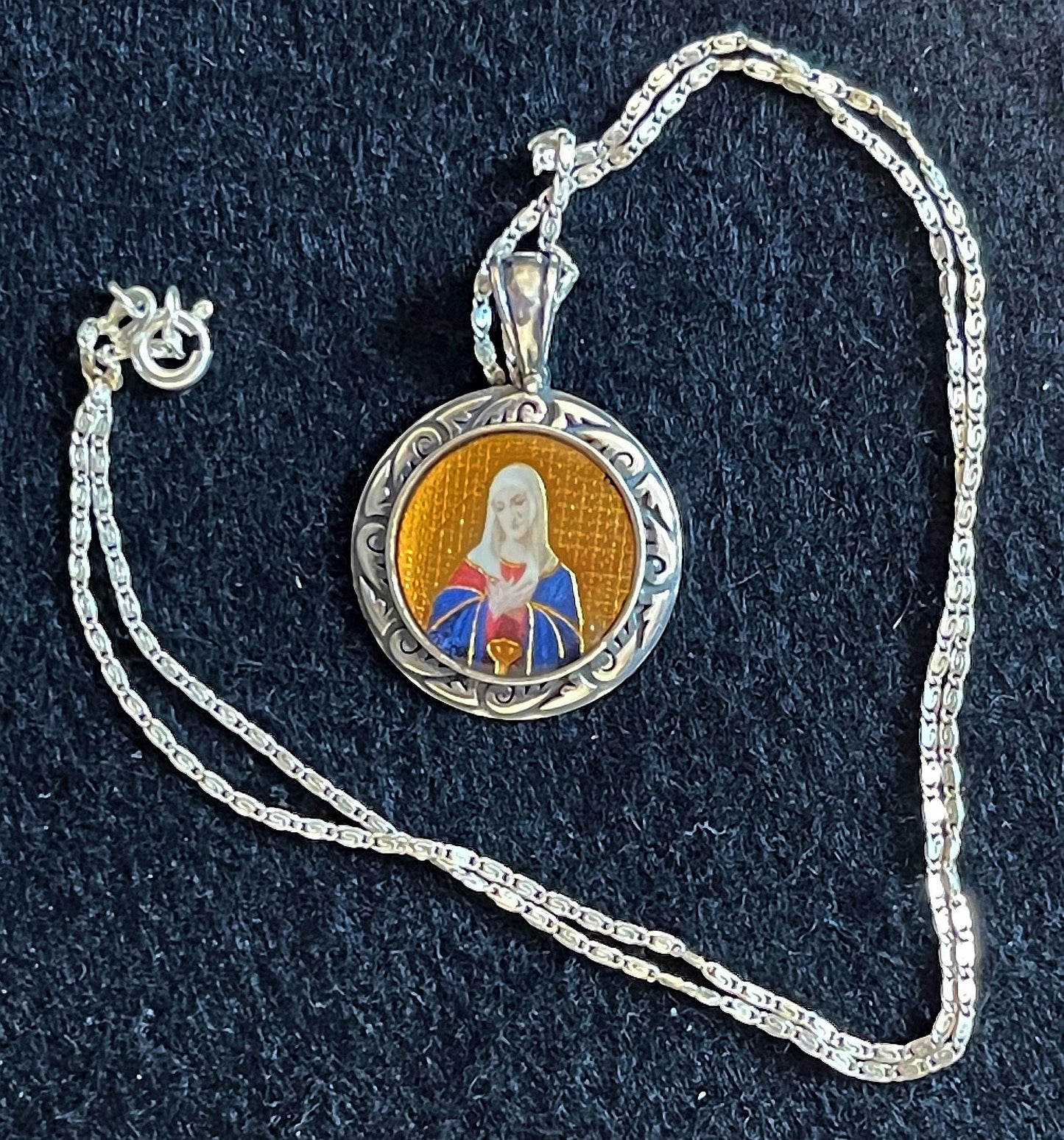 Virgin Mary All Sterling Medal Fine Enameled Serigraphy w Hand Painting