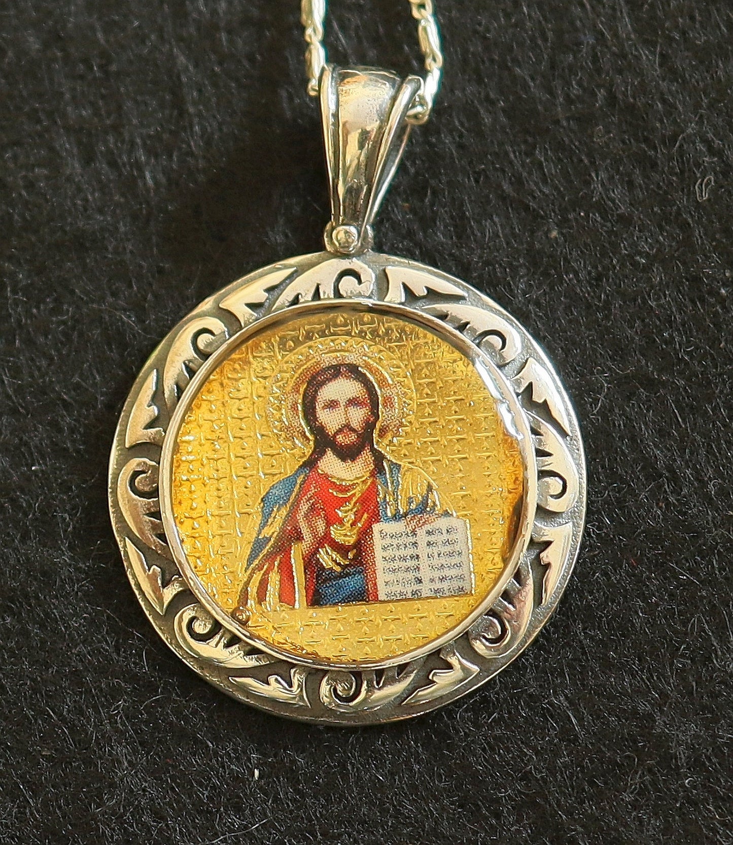 Jesus All Sterling Medal Fine Enameled Serigraphy w Hand Painting