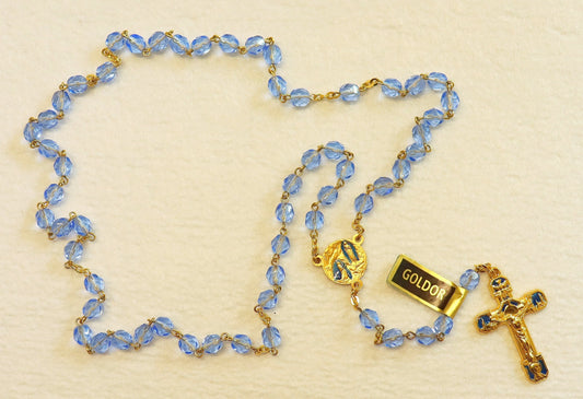 Catholic Vintage Rosary New Old Stock Blue Crystal Gold Plate Enamel Exquisite Series No40