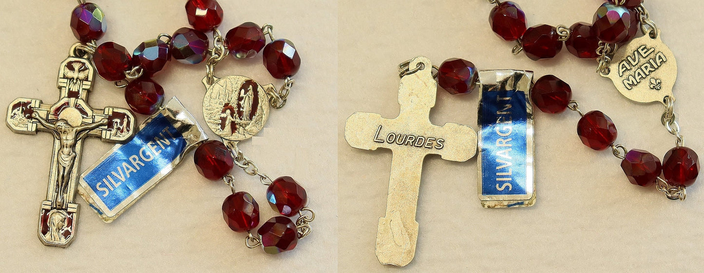 Catholic Vintage Rosary New Old Stock Ruby Red Crystal Silver Plate Enamel Exquisite Series No44