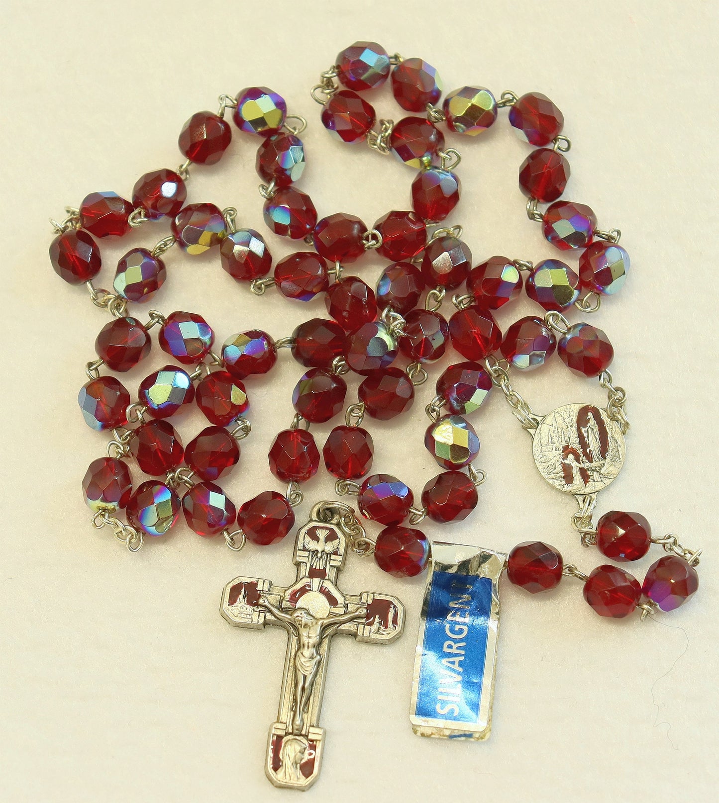 Catholic Vintage Rosary New Old Stock Ruby Red Crystal Silver Plate Enamel Exquisite Series No44