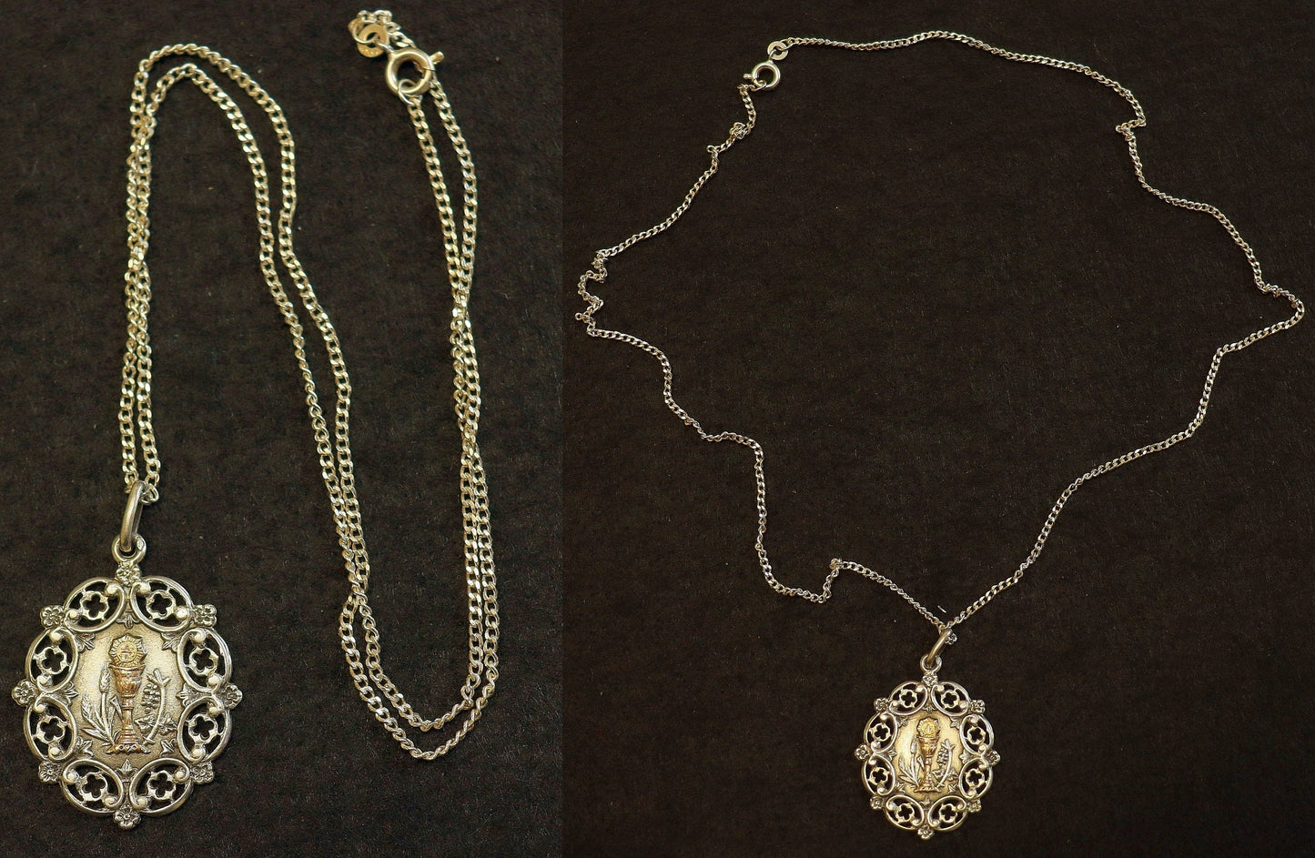 Rare Art Nouveau Sterling Silver and Gold Chalice First Communion Medal and Chain ca. 1900