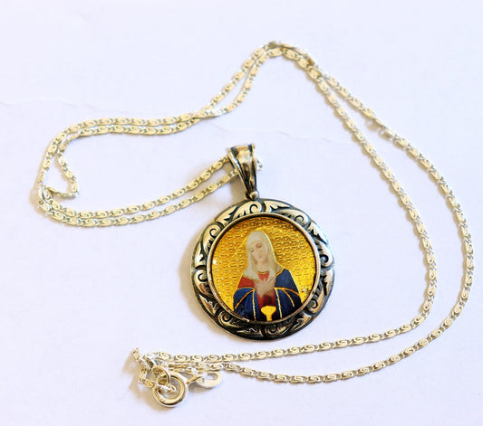 Virgin Mary All Sterling Medal Fine Enameled Serigraphy w Hand Painting