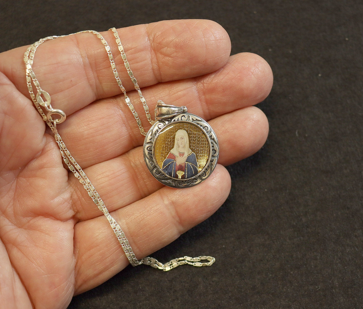 Virgin Mary All Sterling Medal Fine Enameled Serigraphy w Hand Painting