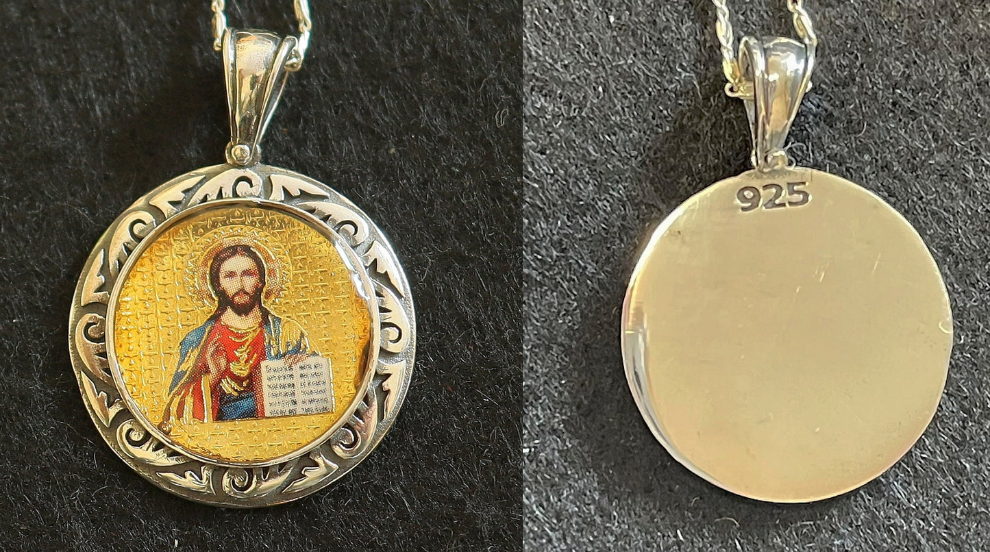 Jesus All Sterling Medal Fine Enameled Serigraphy w Hand Painting