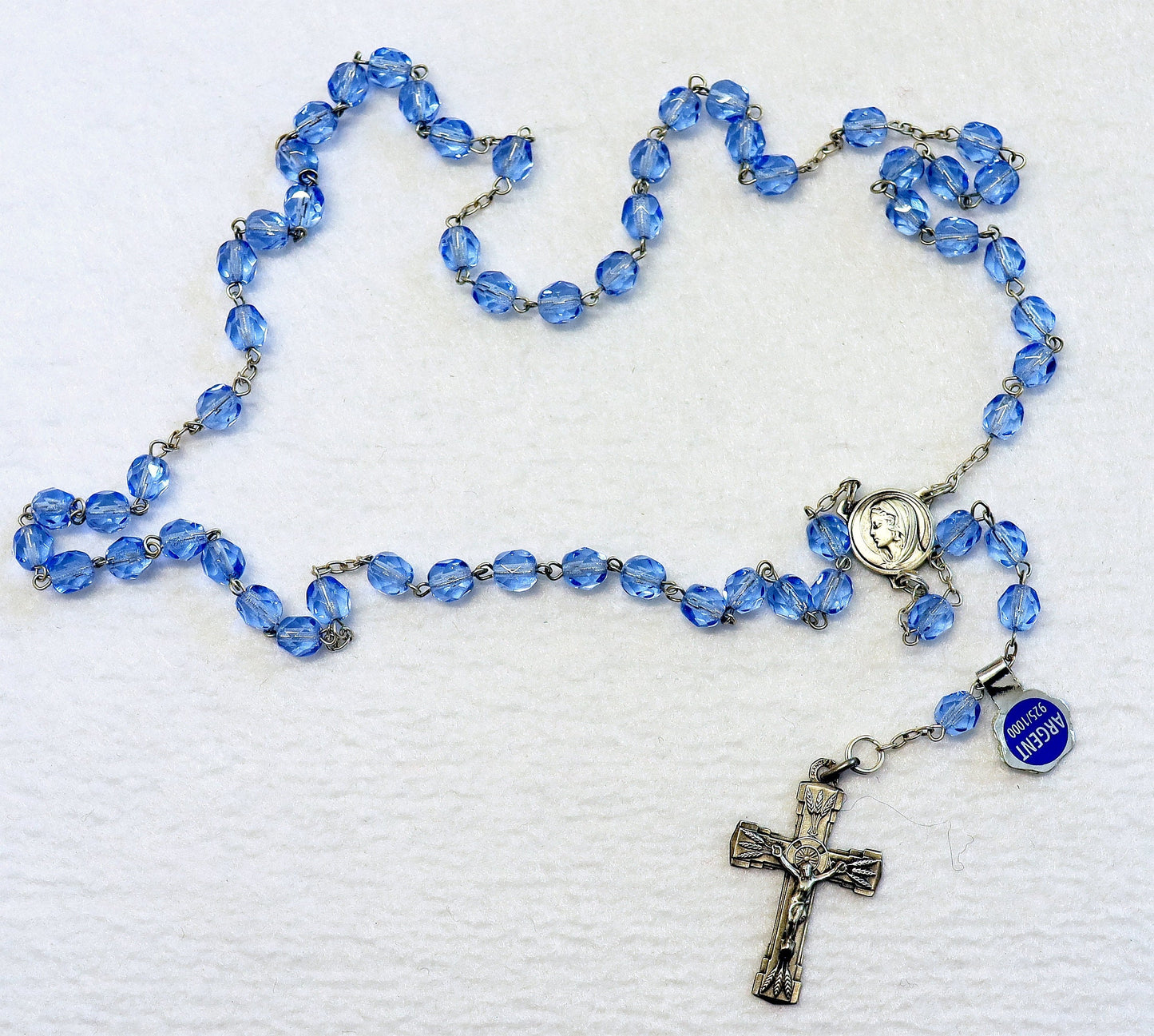 Catholic Vintage Rosary New Old Stock Blue Crystal Sterling Silver Exquisite Series No41