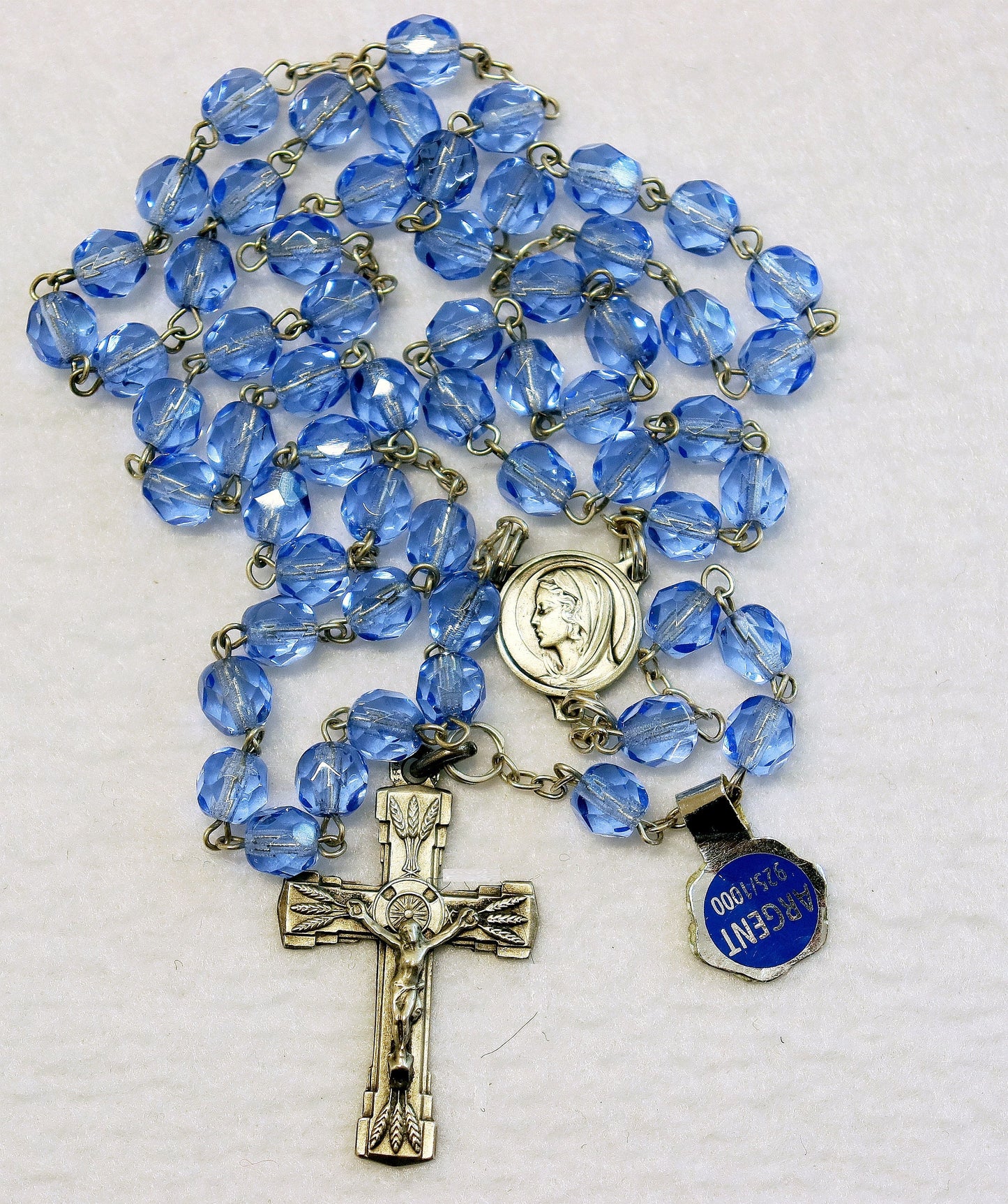 Catholic Vintage Rosary New Old Stock Blue Crystal Sterling Silver Exquisite Series No41