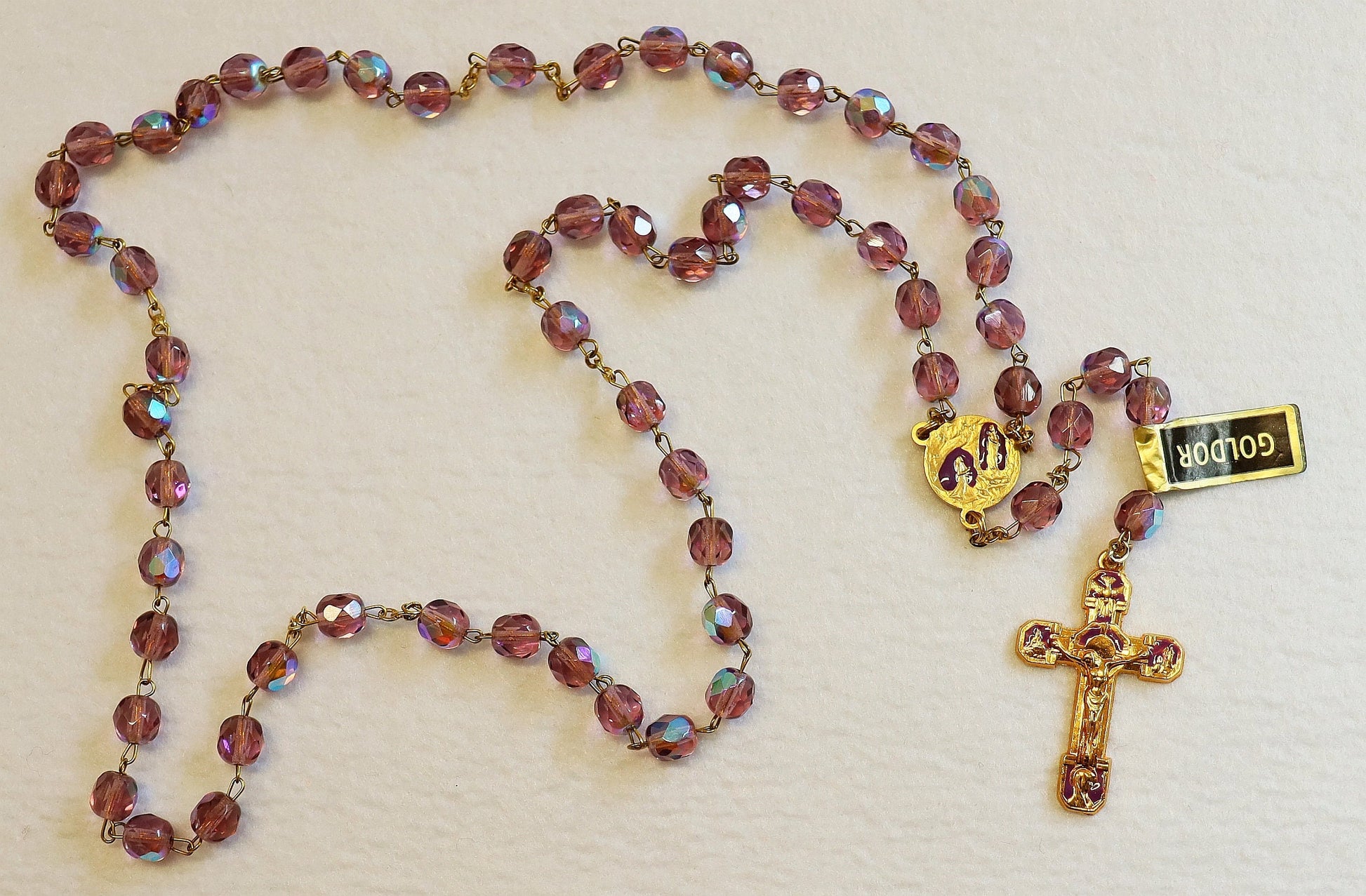Catholic Vintage Rosary New Old Stock Lilac Crystal Gold Plate Enamel Exquisite Series No46