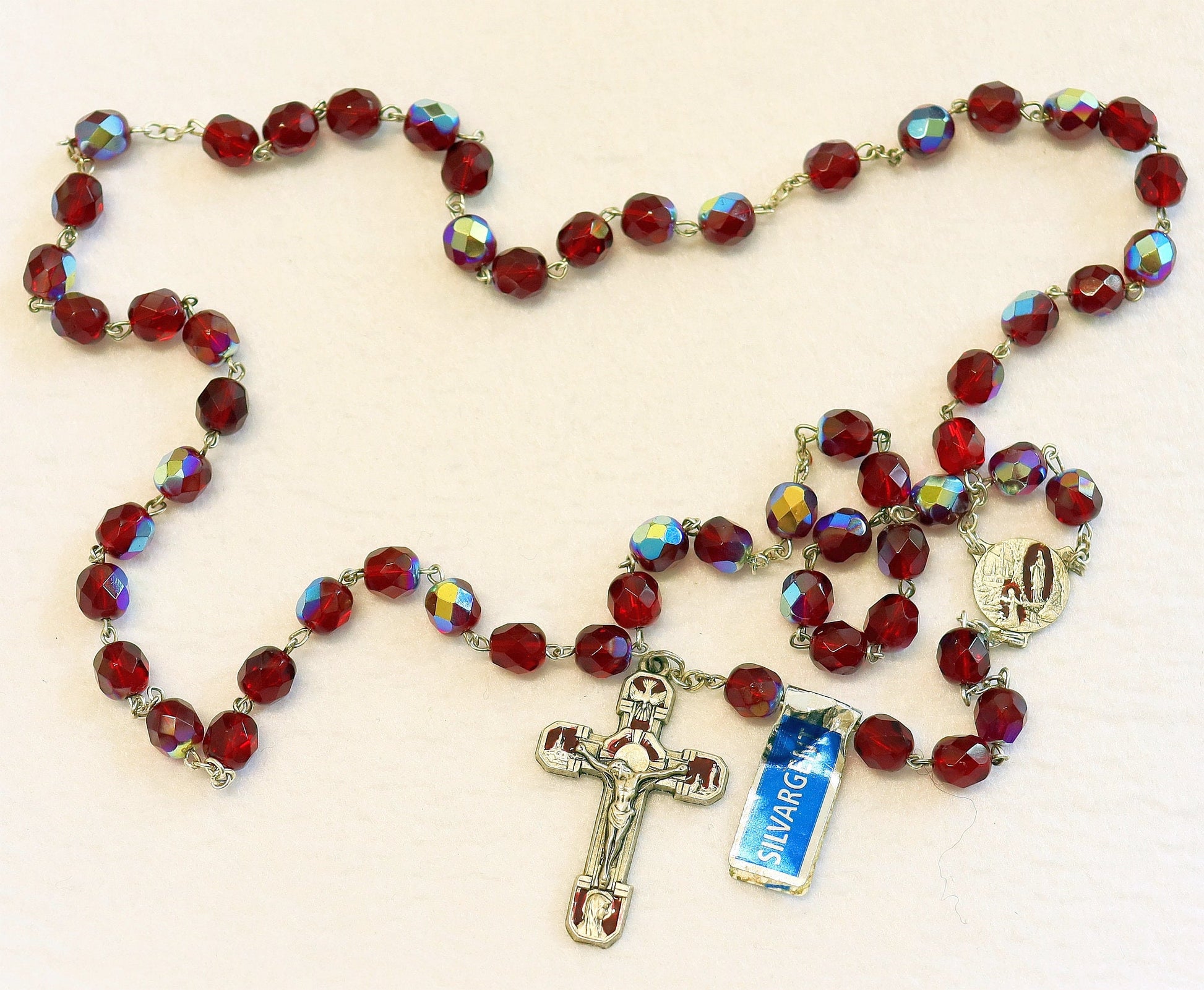 Catholic Vintage Rosary New Old Stock Ruby Red Crystal Silver Plate Enamel Exquisite Series No44