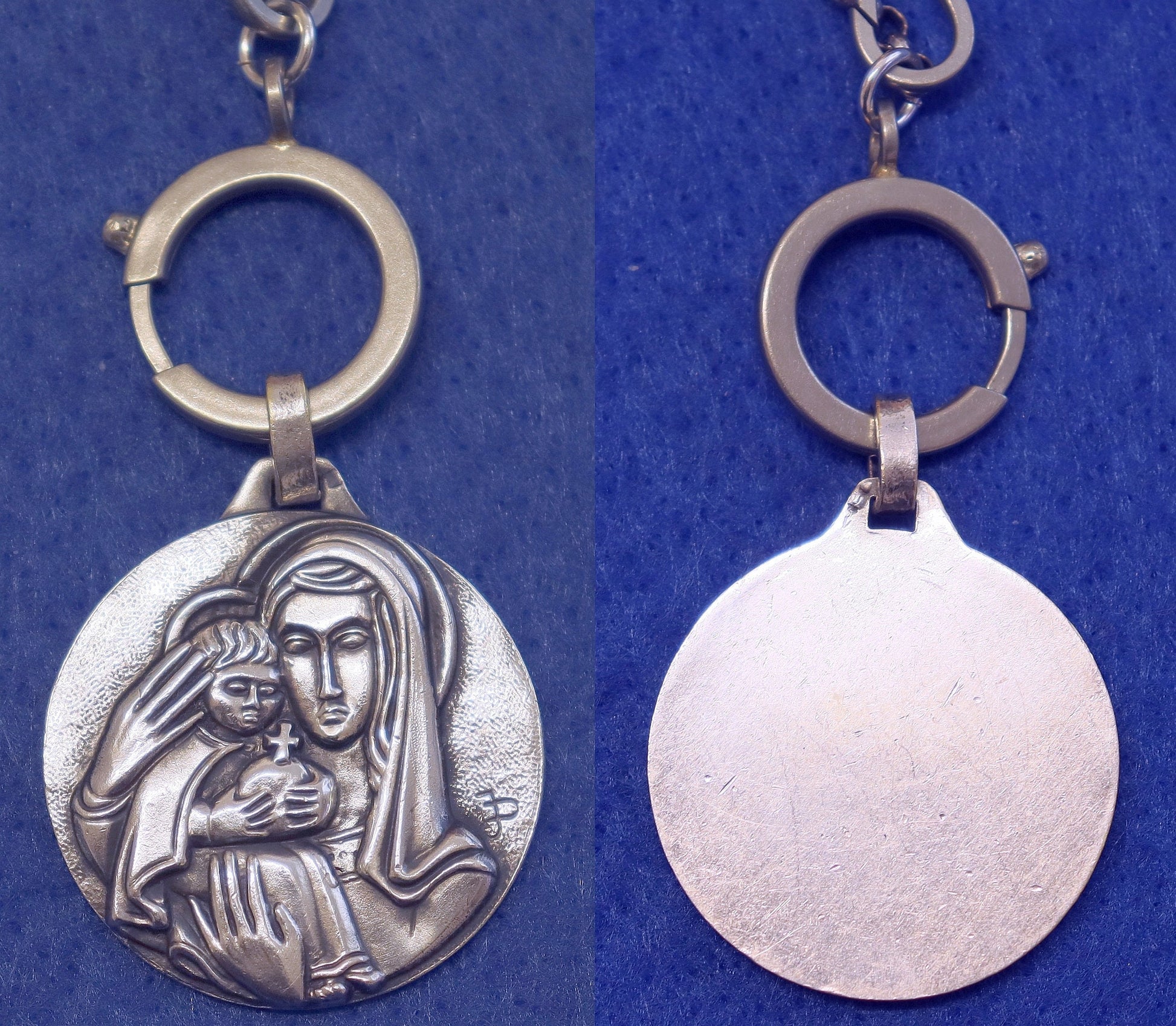 Large, Exceptional 3D High Relief Mary & Jesus Sterling Medal + Chain and Clasps XXR