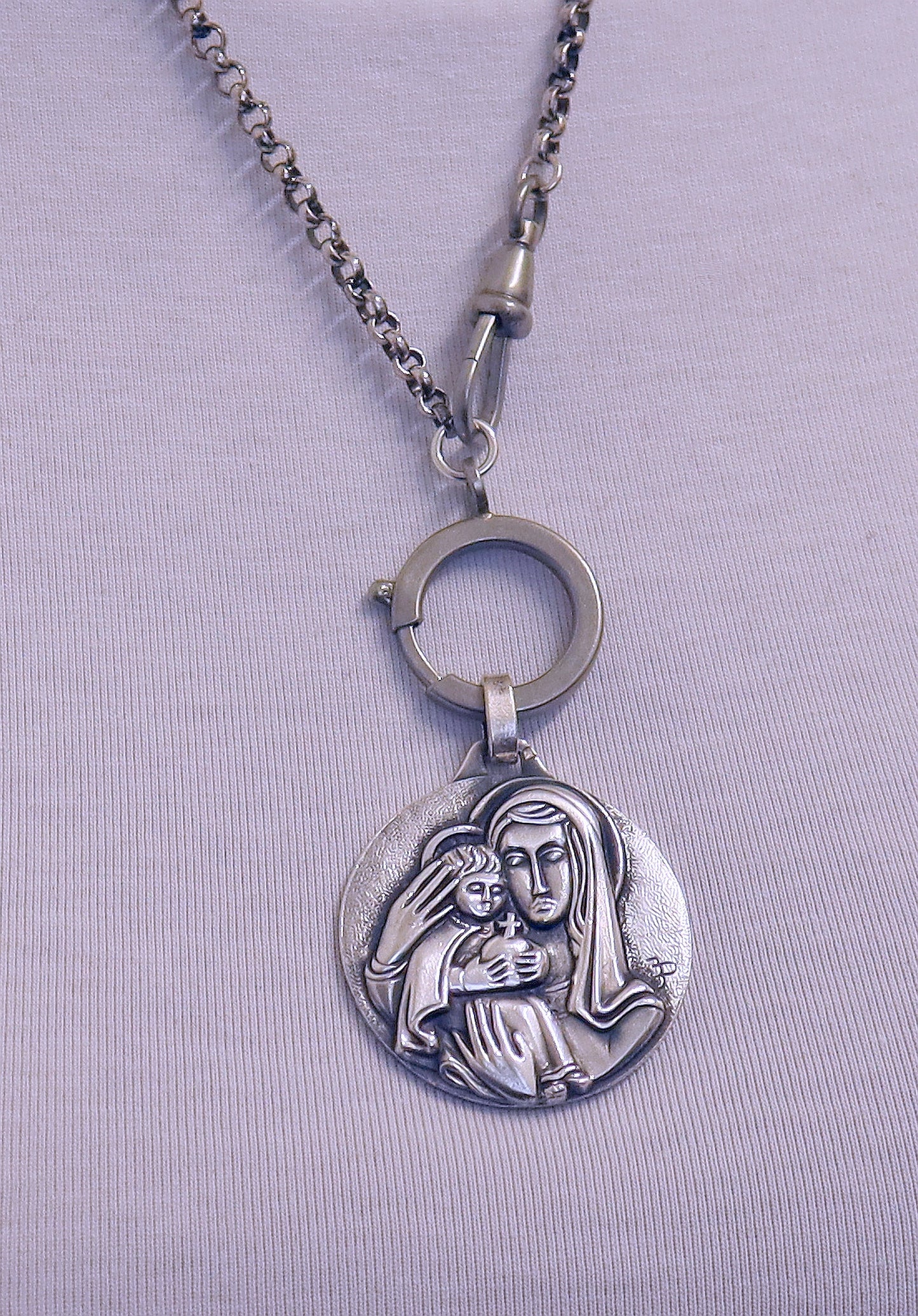 Large, Exceptional 3D High Relief Mary & Jesus Sterling Medal + Chain and Clasps XXR