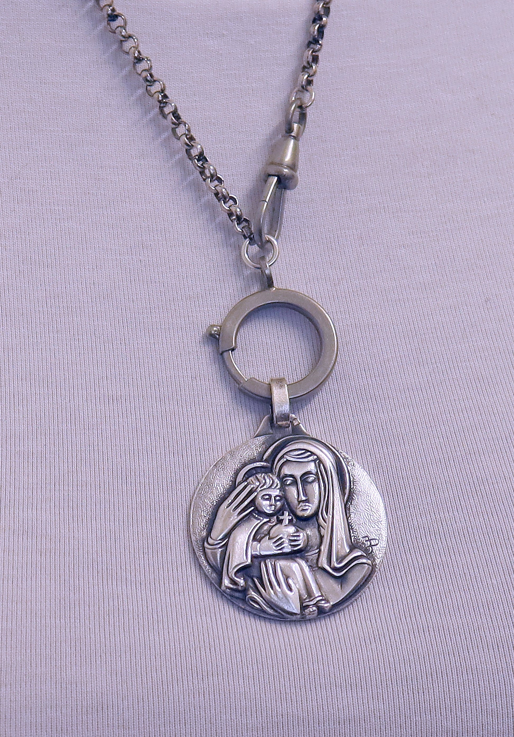 Large, Exceptional 3D High Relief Mary & Jesus Sterling Medal + Chain and Clasps XXR