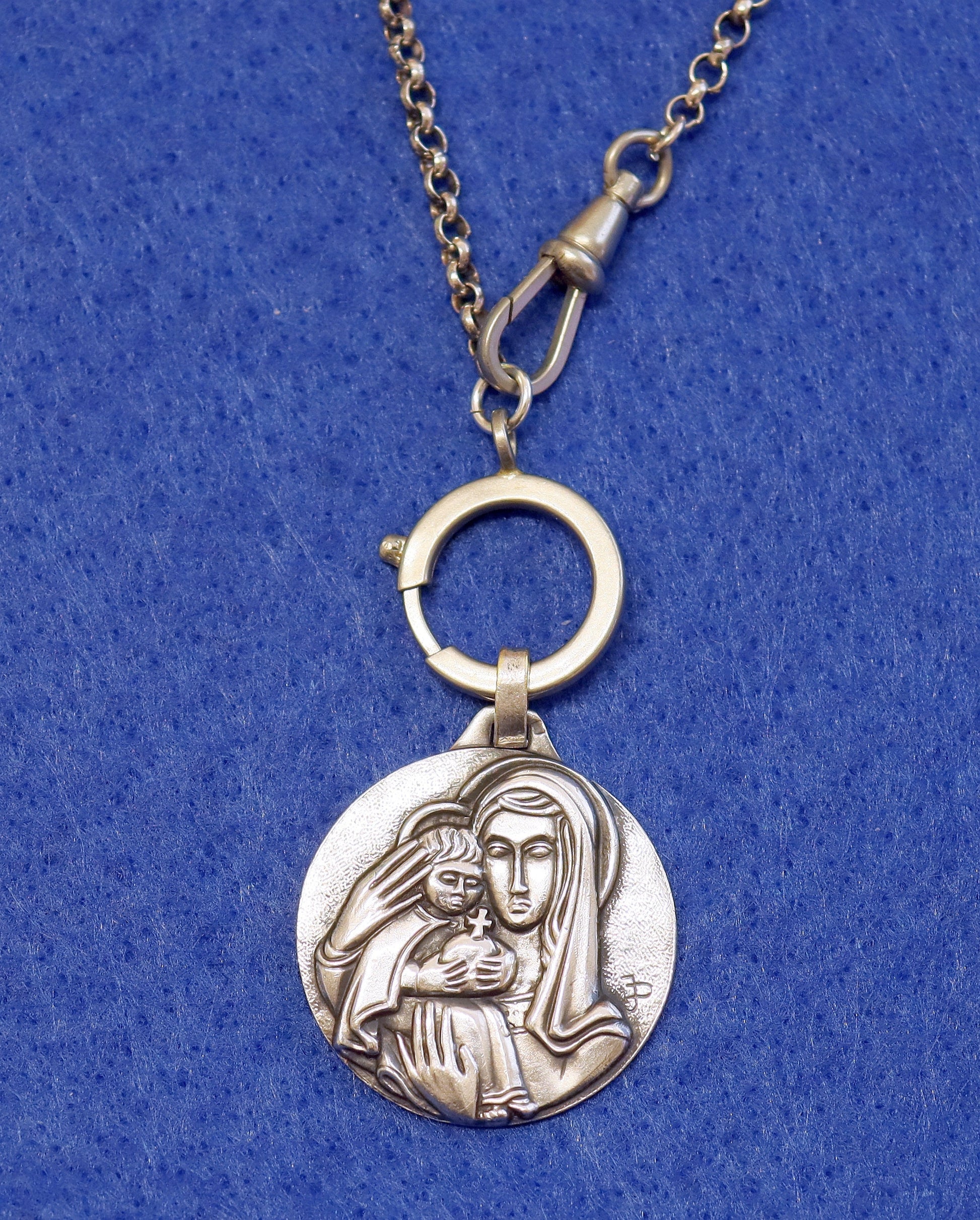 Large, Exceptional 3D High Relief Mary & Jesus Sterling Medal + Chain and Clasps XXR