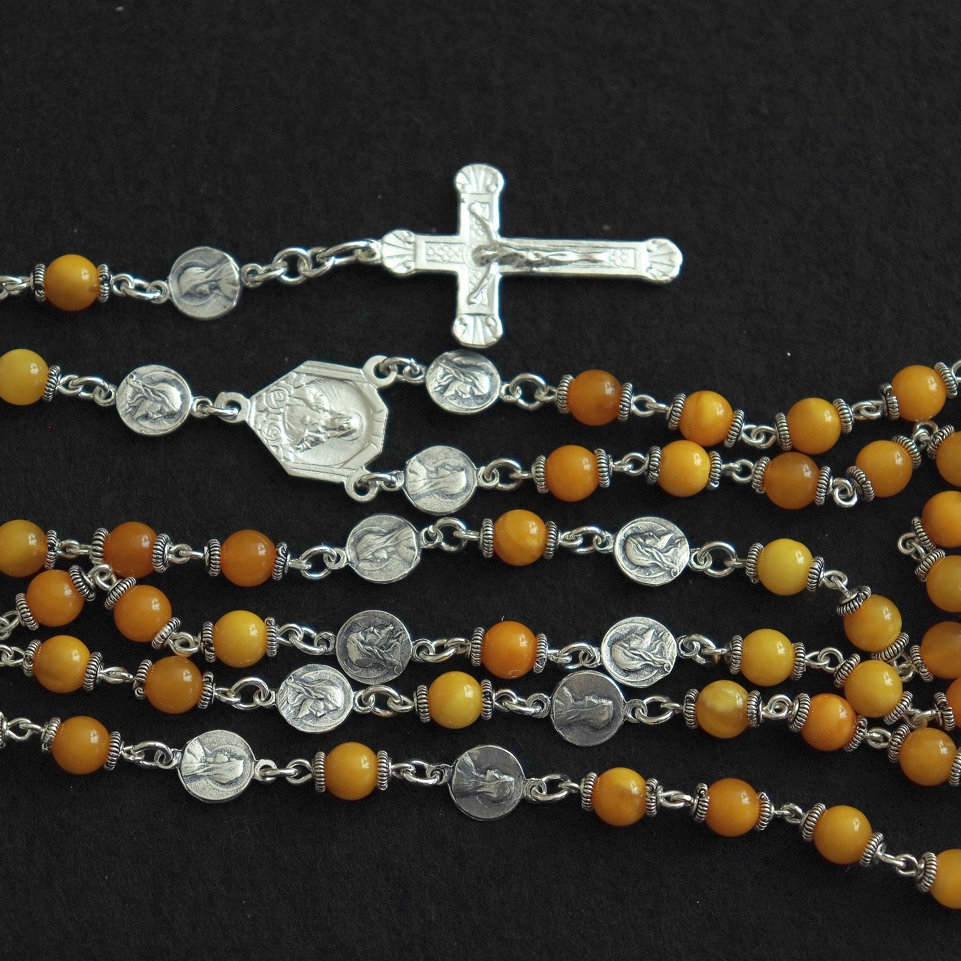Butterscotch Amber and Sterling Fatima Rosary, 1960s Vintage Catholic Prayer Beads, Sacred Heart Necklace, Religious Heirloom, Antique Gift