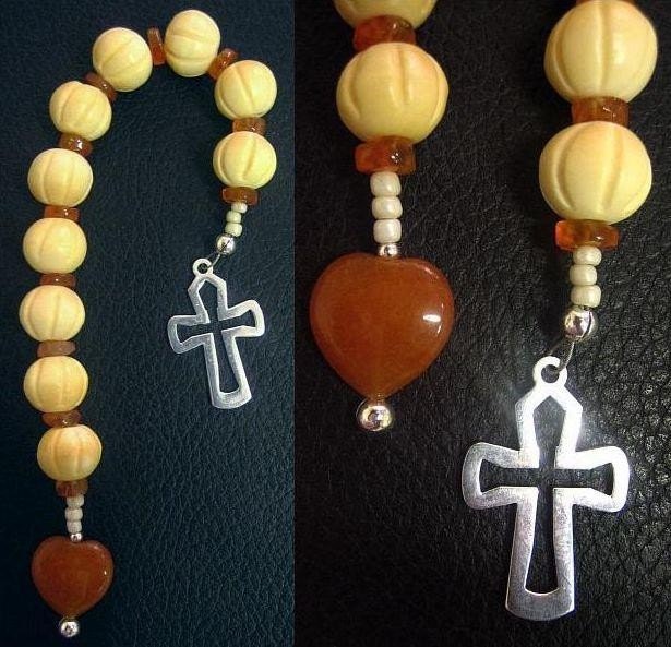 Catholic Open Chaplet Carved Bone Carnelian & Sterling Silver