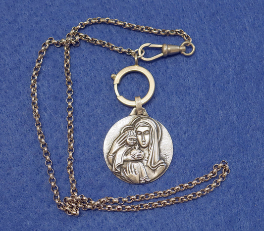 Large, Exceptional 3D High Relief Mary & Jesus Sterling Medal + Chain and Clasps XXR